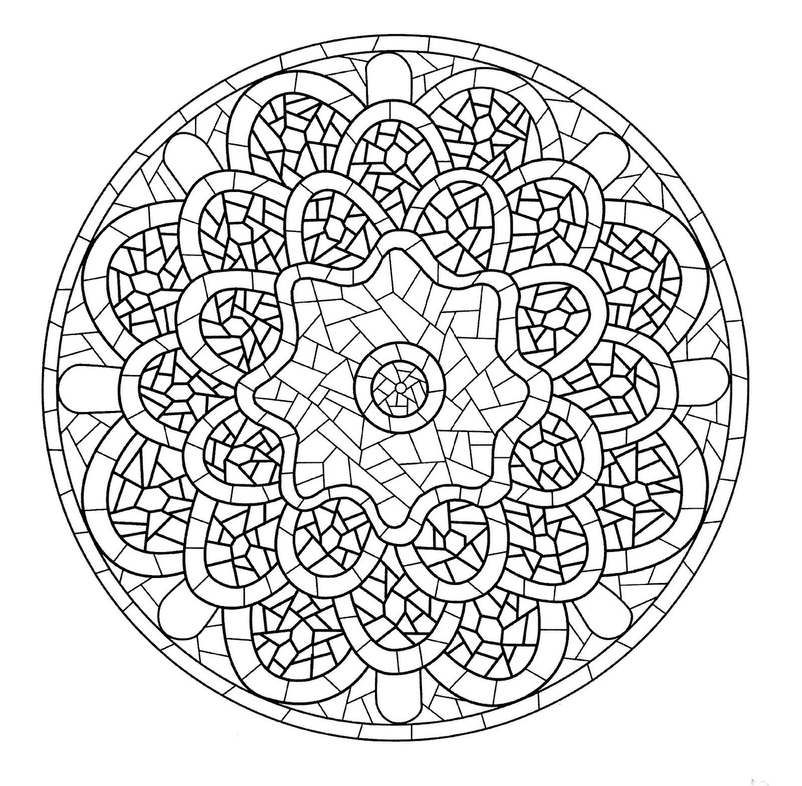 Mandala à télécharger dans un style 'mosaïque'avec une magnifique fleur au centre. Le niveau de ce mandala est normal.